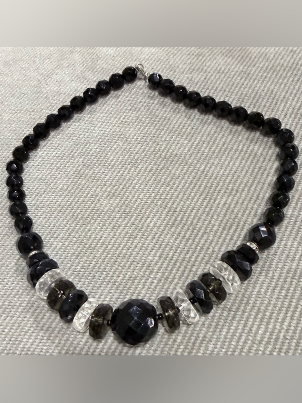 Faceted Black Bead Necklace with Clear Accents - Women Jewelry